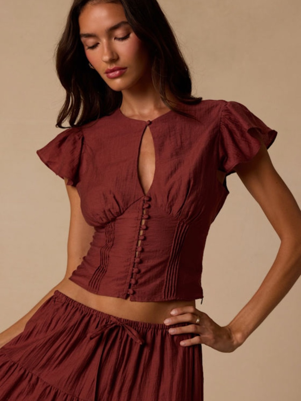 Lulus Owens Rust Brown Keyhole Button-front Top - Size XL